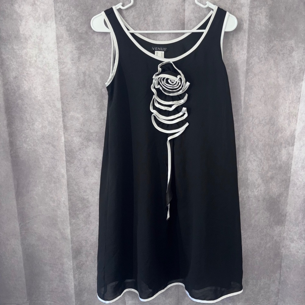 Venus Black White Rosette Chiffon Cocktail Shift Dress Womens 4 Coquette